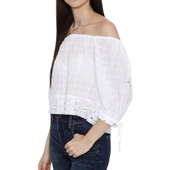 Over the shoulder Aerie American Eagle White Flowy Lace & Checked Pattern Blouse - Picture 1 of 4